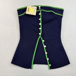 Rich & Famous Strapless Ribbed Button Knit Corset Top Navy Green Womens M NWT